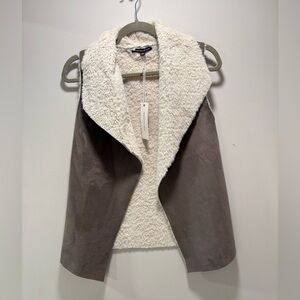 Faux-Suede Taupe Vest with Cream Sherpa Collar